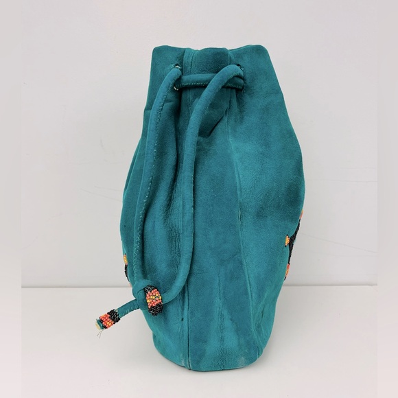 ❌SOLD❌ 🌼MARKDOWN🌼 Teal Faux Suede with Bead Work Design Drawstring Bag - Picture 7 of 12